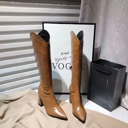 Women's PU Leather V-Cut Knee-High Pointed Toe Block Heel Cowgirl Boots - CB037