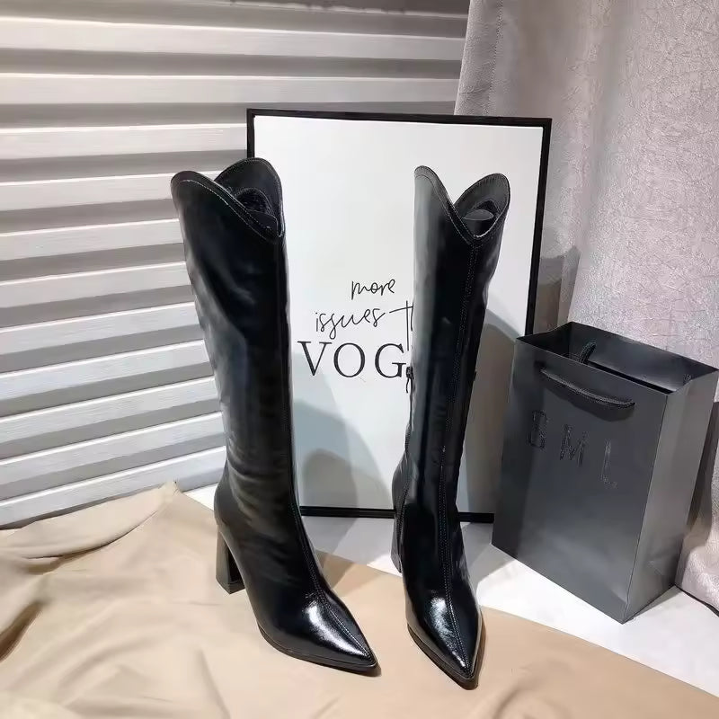 Women's PU Leather V-Cut Knee-High Pointed Toe Block Heel Cowgirl Boots - CB037