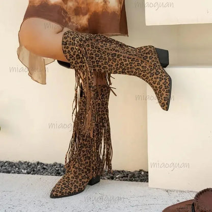 Women's Suede-Look Tassel Leopard Print Mid-Calf Pointed Toe High Heel Cowgirl Boots - CB034