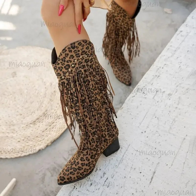 Women's Suede-Look Tassel Leopard Print Mid-Calf Pointed Toe High Heel Cowgirl Boots - CB034