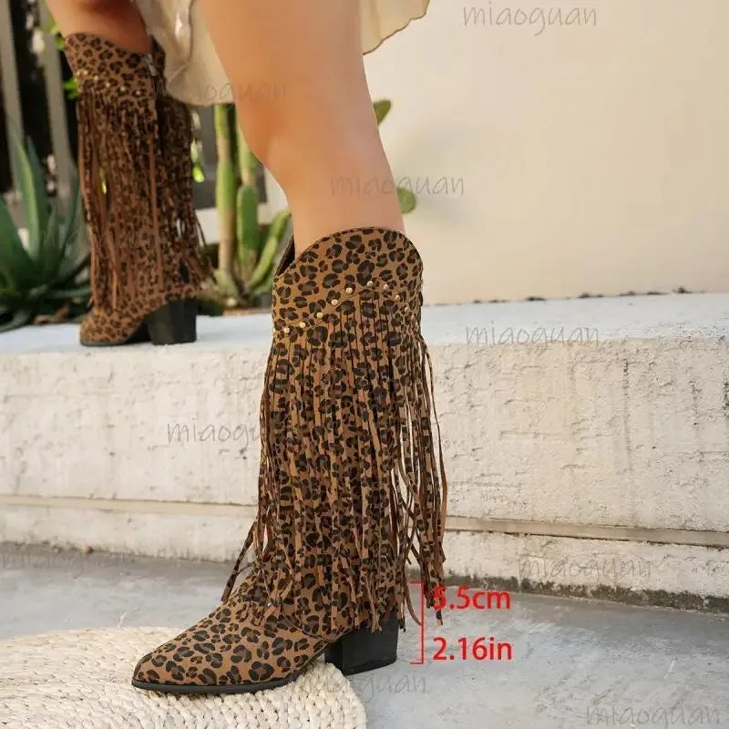 Women's Suede-Look Tassel Leopard Print Mid-Calf Pointed Toe High Heel Cowgirl Boots - CB034