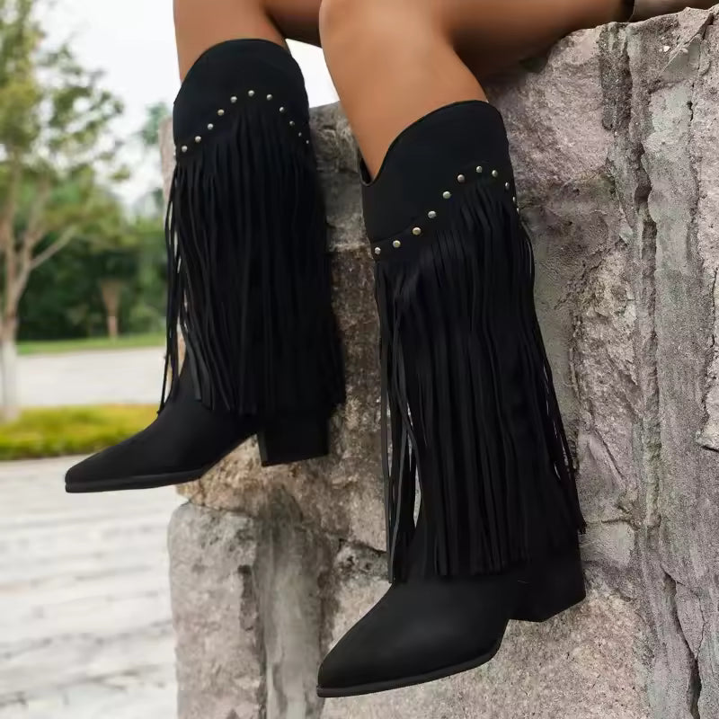 Women's Suede-Look Tassel Leopard Print Mid-Calf Pointed Toe High Heel Cowgirl Boots - CB034