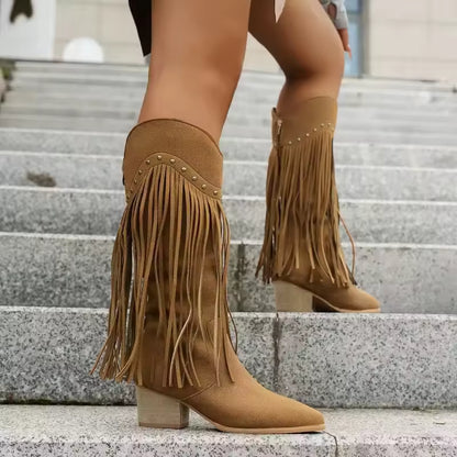 Women's Suede-Look Tassel Leopard Print Mid-Calf Pointed Toe High Heel Cowgirl Boots - CB034