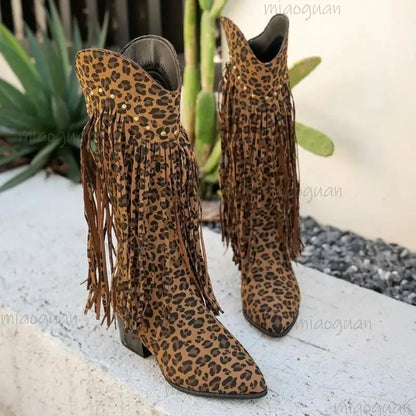 Women's Suede-Look Tassel Leopard Print Mid-Calf Pointed Toe High Heel Cowgirl Boots - CB034