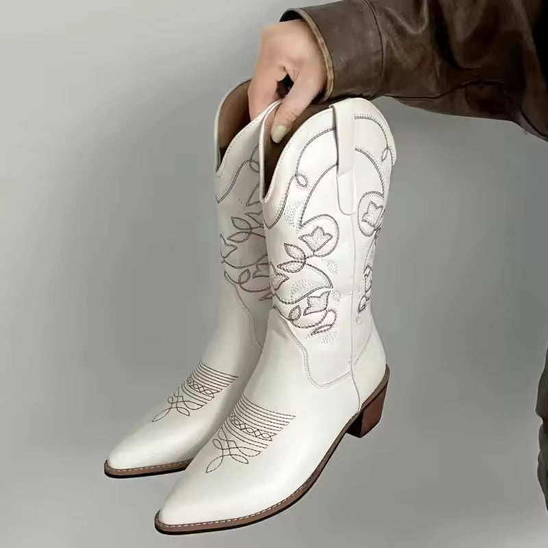 Women's PU Leather Western Embroidered Mid-Calf Pointed Toe High Heel Cowgirl Boots - CB009