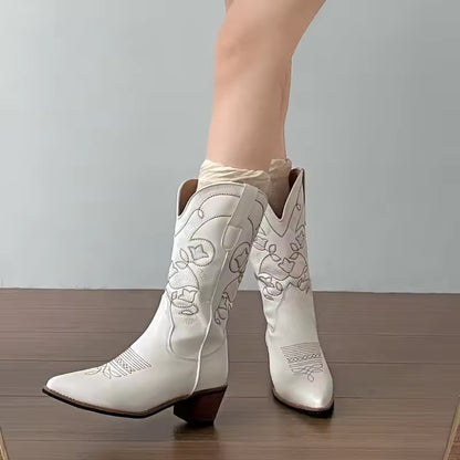 Women's PU Leather Western Embroidered Mid-Calf Pointed Toe High Heel Cowgirl Boots - CB009