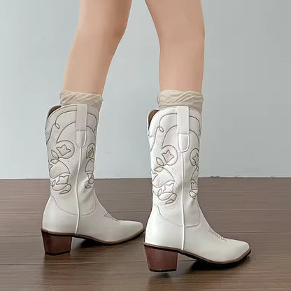 Women's PU Leather Western Embroidered Mid-Calf Pointed Toe High Heel Cowgirl Boots - CB009