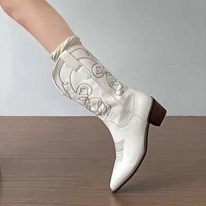 Women's PU Leather Western Embroidered Mid-Calf Pointed Toe High Heel Cowgirl Boots - CB009
