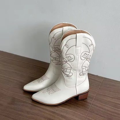 Women's PU Leather Western Embroidered Mid-Calf Pointed Toe High Heel Cowgirl Boots - CB009