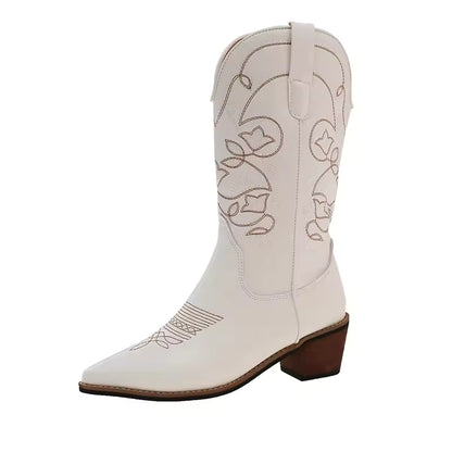Women's PU Leather Western Embroidered Mid-Calf Pointed Toe High Heel Cowgirl Boots - CB009