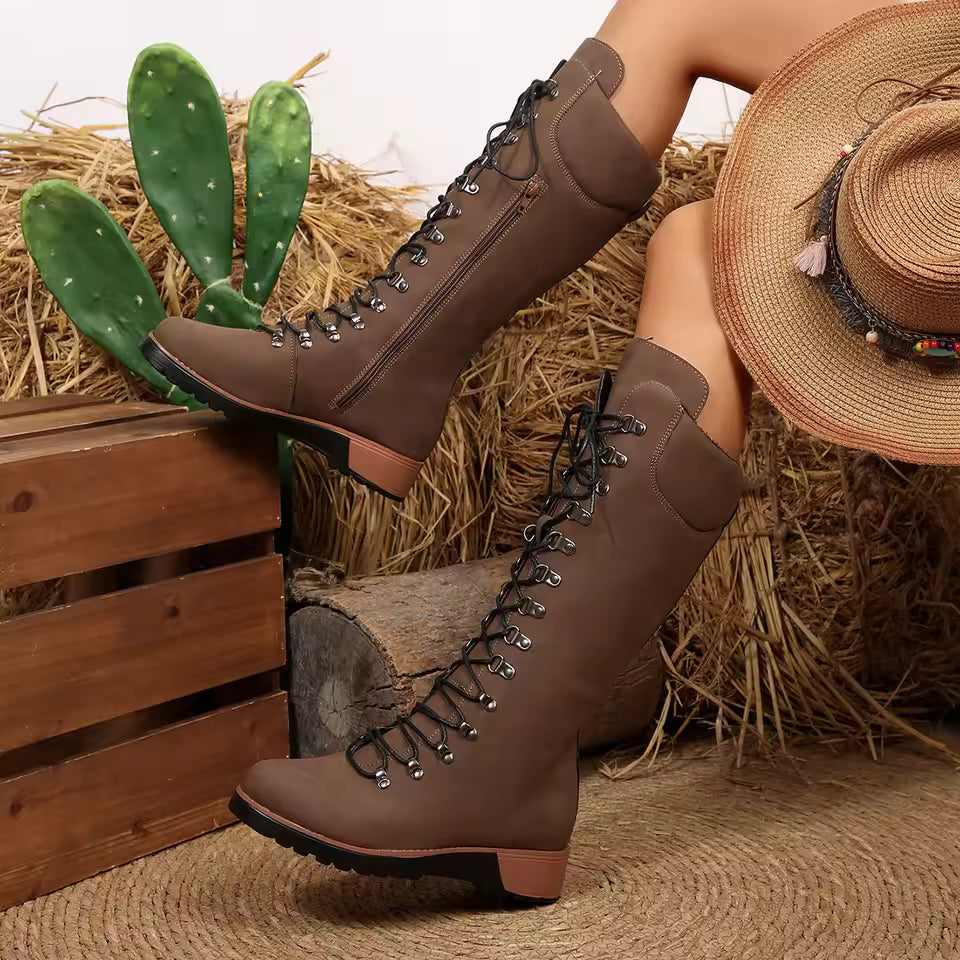 Women's Suede-Look Lace-Up Mid-Calf Round Toe Cowgirl Boots - CB010