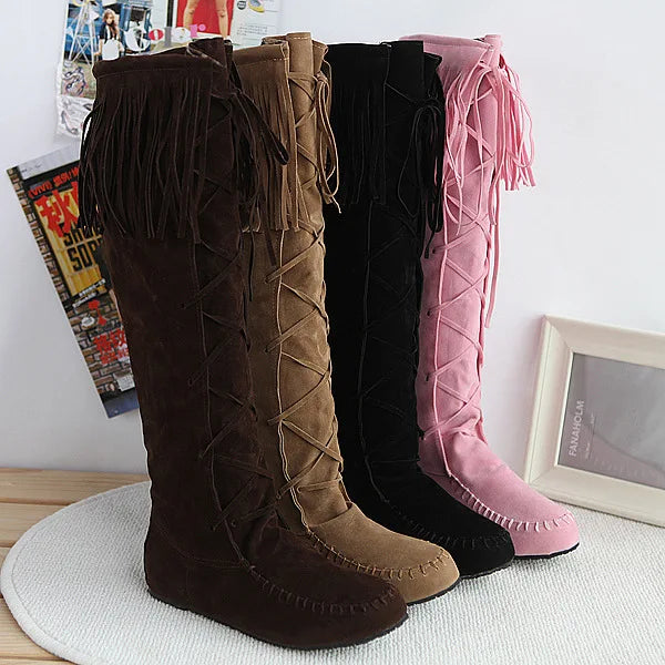 Women's PU Leather Fringe Lace-Up Knee-High Cowgirl Boots - CB030