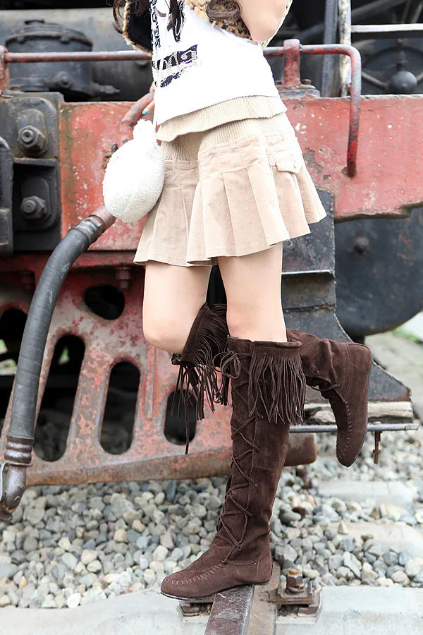 Women's PU Leather Fringe Lace-Up Knee-High Cowgirl Boots - CB030