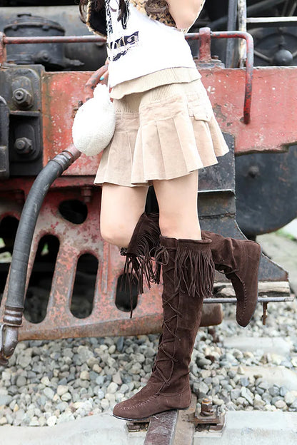 Women's PU Leather Fringe Lace-Up Knee-High Cowgirl Boots - CB030