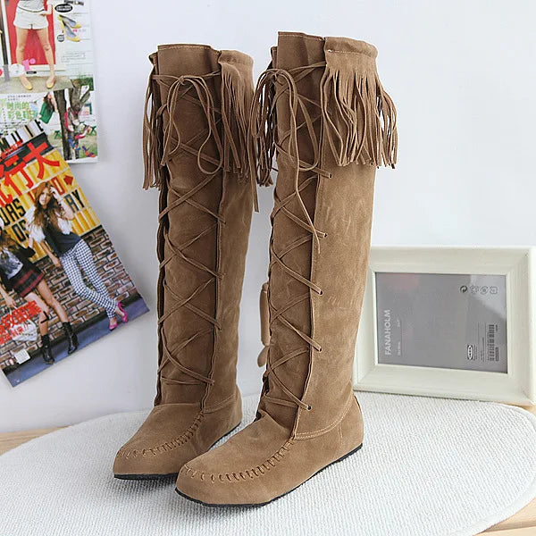 Women's PU Leather Fringe Lace-Up Knee-High Cowgirl Boots - CB030
