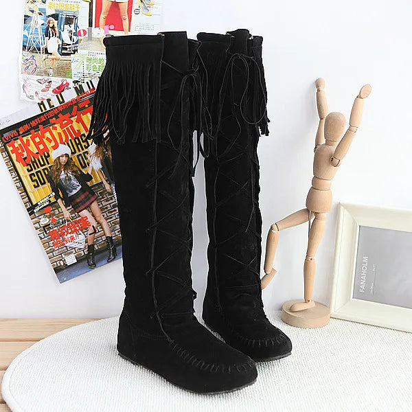 Women's PU Leather Fringe Lace-Up Knee-High Cowgirl Boots - CB030