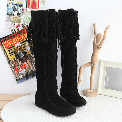 Women's PU Leather Fringe Lace-Up Knee-High Cowgirl Boots - CB030