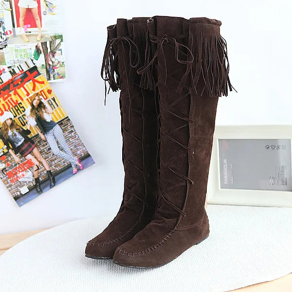 Women's PU Leather Fringe Lace-Up Knee-High Cowgirl Boots - CB030