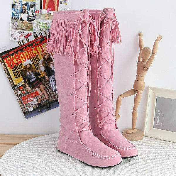 Women's PU Leather Fringe Lace-Up Knee-High Cowgirl Boots - CB030