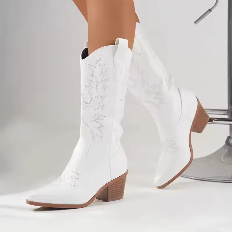Women's Leather Western Embroidered Mid-Calf Pointed Toe Mid Heel Cowgirl Boots - CB008