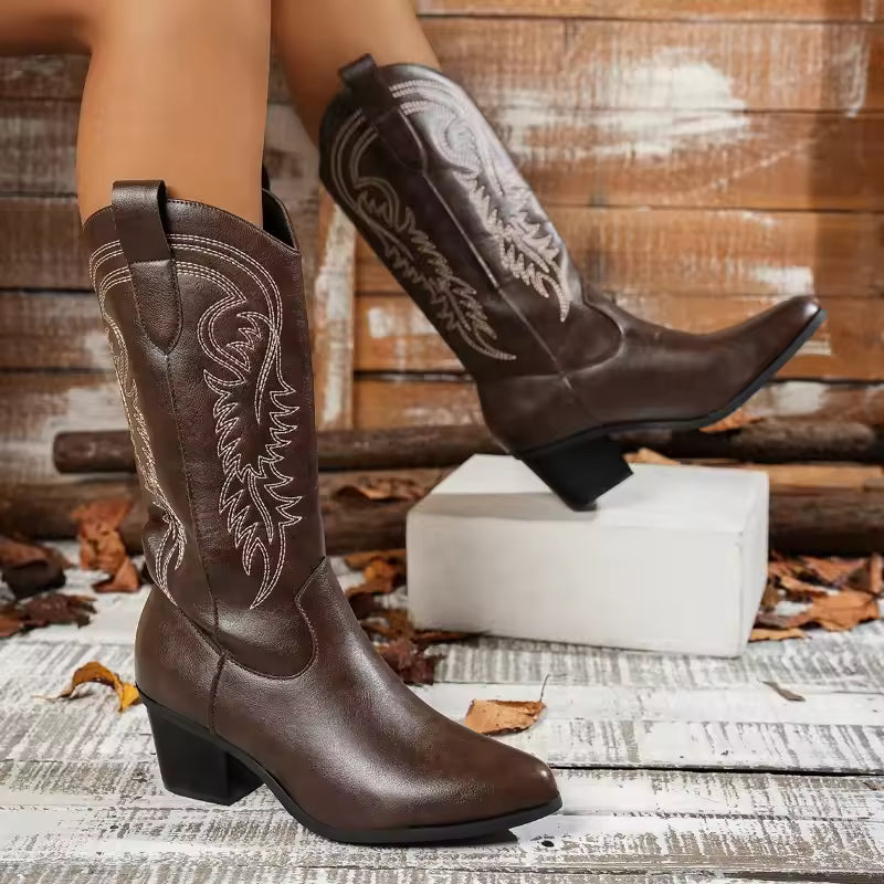 Women's Leather Western Embroidered Mid-Calf Pointed Toe Mid Heel Cowgirl Boots - CB008