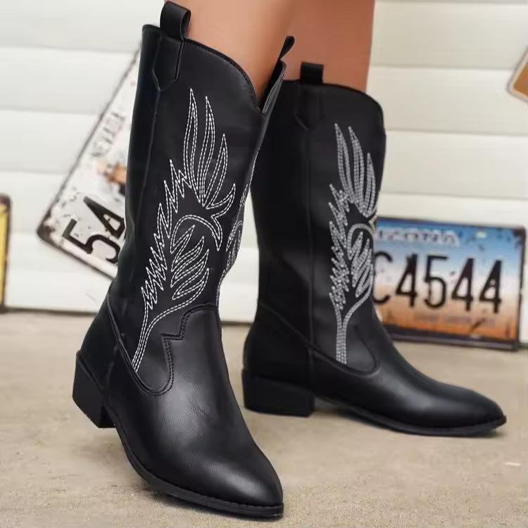 Women's PU Leather Star Embroidered Tassel Mid-Calf Pointed Toe High Heel Cowgirl Boots - CB043