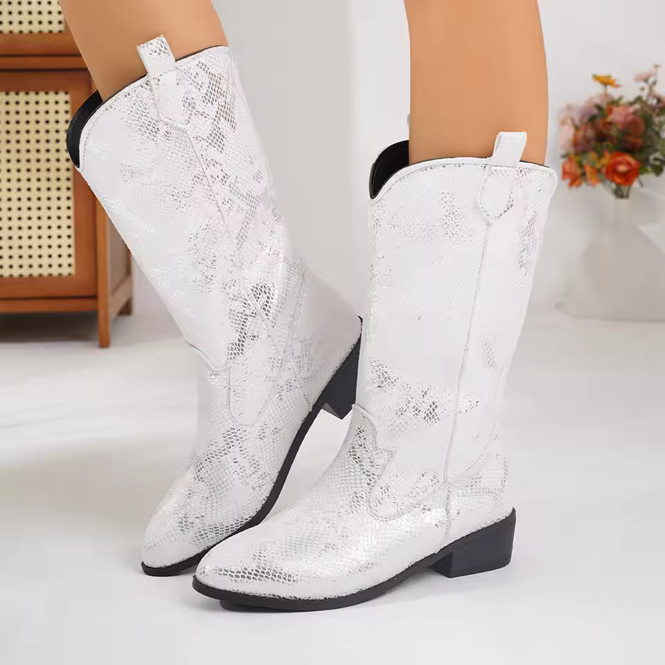Women's PU Leather Star Embroidered Tassel Mid-Calf Pointed Toe High Heel Cowgirl Boots - CB043