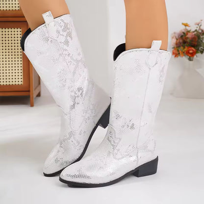Women's PU Leather Star Embroidered Tassel Mid-Calf Pointed Toe High Heel Cowgirl Boots - CB043