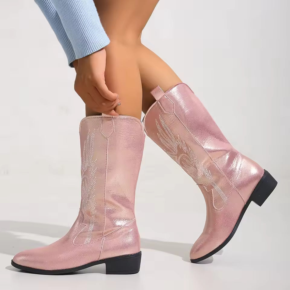 Women's PU Leather Star Embroidered Tassel Mid-Calf Pointed Toe High Heel Cowgirl Boots - CB043