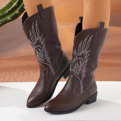 Women's PU Leather Star Embroidered Tassel Mid-Calf Pointed Toe High Heel Cowgirl Boots - CB043