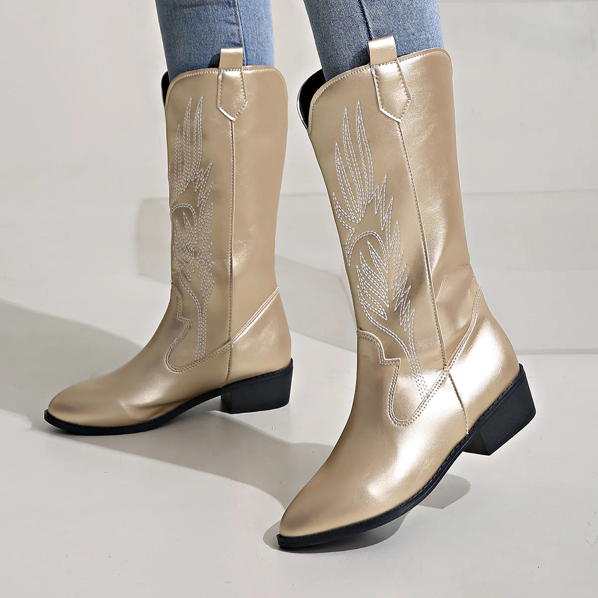 Women's PU Leather Star Embroidered Tassel Mid-Calf Pointed Toe High Heel Cowgirl Boots - CB043