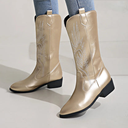 Women's PU Leather Star Embroidered Tassel Mid-Calf Pointed Toe High Heel Cowgirl Boots - CB043