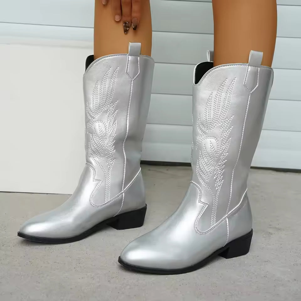 Women's PU Leather Star Embroidered Tassel Mid-Calf Pointed Toe High Heel Cowgirl Boots - CB043