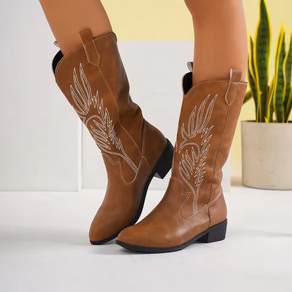Women's PU Leather Star Embroidered Tassel Mid-Calf Pointed Toe High Heel Cowgirl Boots - CB043