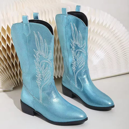 Women's PU Leather Star Embroidered Tassel Mid-Calf Pointed Toe High Heel Cowgirl Boots - CB043