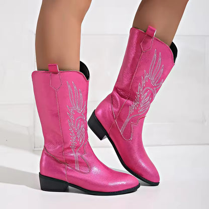 Women's PU Leather Star Embroidered Tassel Mid-Calf Pointed Toe High Heel Cowgirl Boots - CB043