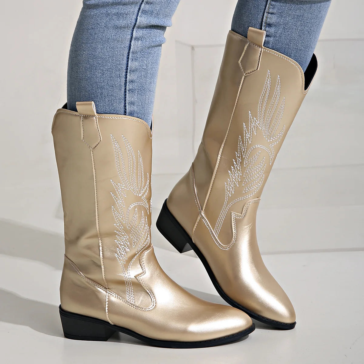 Women's PU Leather Star Embroidered Tassel Mid-Calf Pointed Toe High Heel Cowgirl Boots - CB043