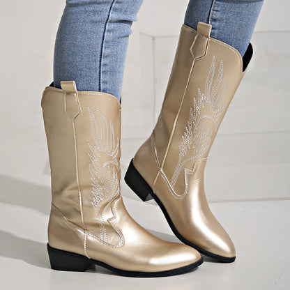 Women's PU Leather Star Embroidered Tassel Mid-Calf Pointed Toe High Heel Cowgirl Boots - CB043