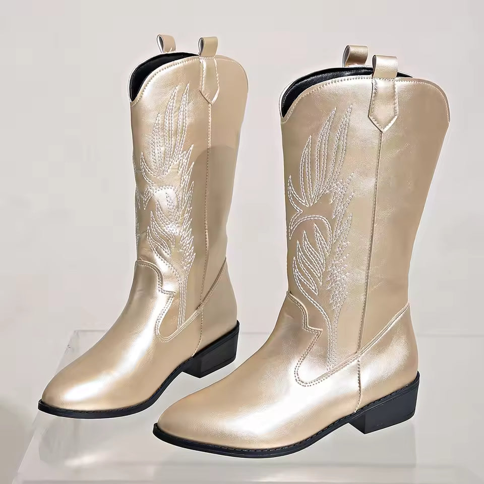 Women's PU Leather Star Embroidered Tassel Mid-Calf Pointed Toe High Heel Cowgirl Boots - CB043