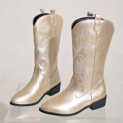 Women's PU Leather Star Embroidered Tassel Mid-Calf Pointed Toe High Heel Cowgirl Boots - CB043