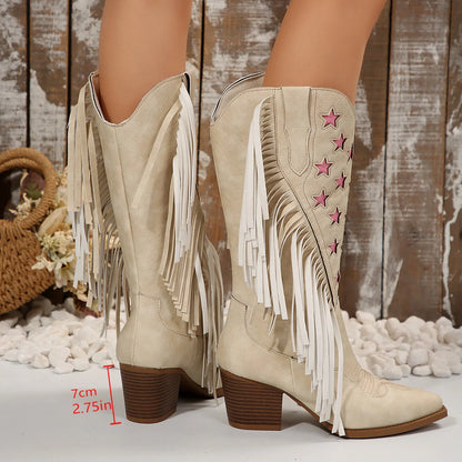 Women's PU Leather Star Embroidered Tassel Mid-Calf Round Toe High Heel Cowgirl Boots - CB042