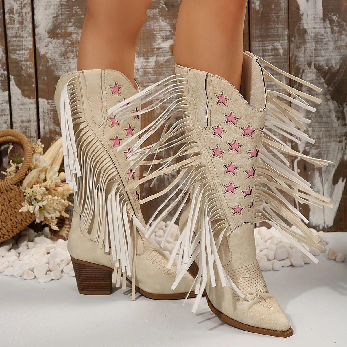 Women's PU Leather Star Embroidered Tassel Mid-Calf Round Toe High Heel Cowgirl Boots - CB042