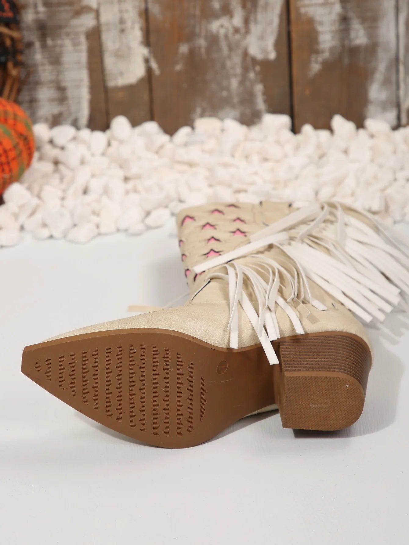 Women's PU Leather Star Embroidered Tassel Mid-Calf Round Toe High Heel Cowgirl Boots - CB042