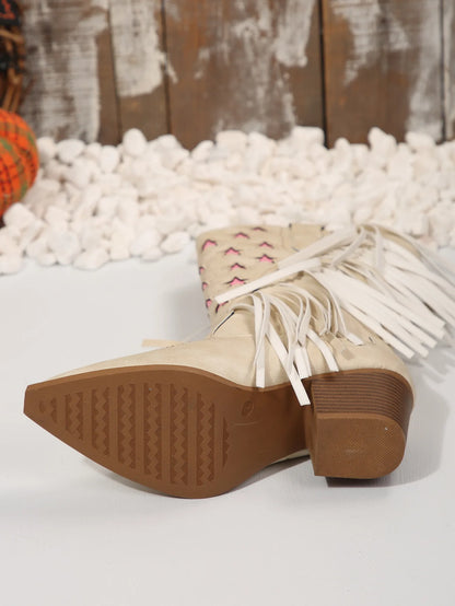 Women's PU Leather Star Embroidered Tassel Mid-Calf Round Toe High Heel Cowgirl Boots - CB042