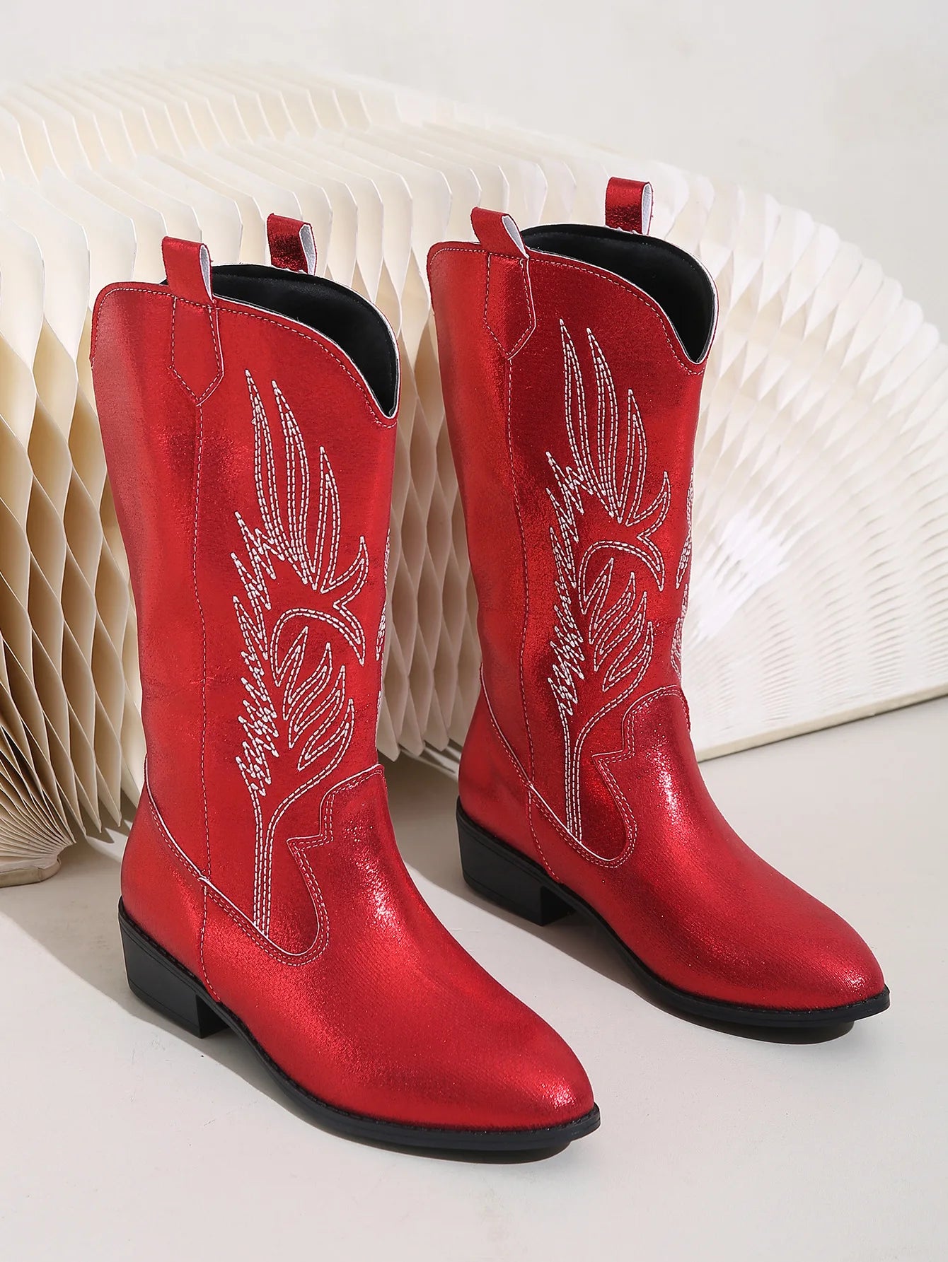 Women's PU Leather Star Embroidered Tassel Mid-Calf Pointed Toe High Heel Cowgirl Boots - CB043