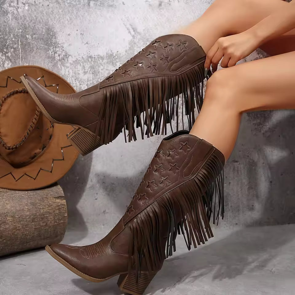 Women's PU Leather Star Embroidered Tassel Mid-Calf Round Toe High Heel Cowgirl Boots - CB042