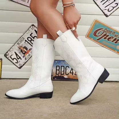 Women's PU Leather Star Embroidered Tassel Mid-Calf Pointed Toe High Heel Cowgirl Boots - CB043