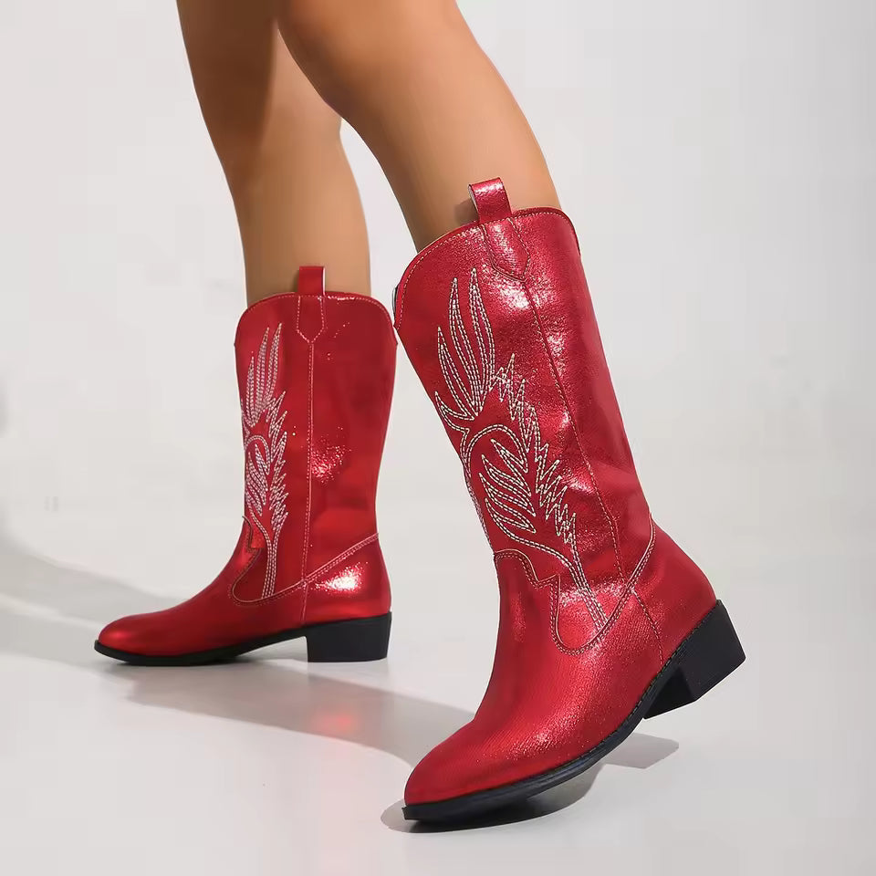 Women's PU Leather Star Embroidered Tassel Mid-Calf Pointed Toe High Heel Cowgirl Boots - CB043