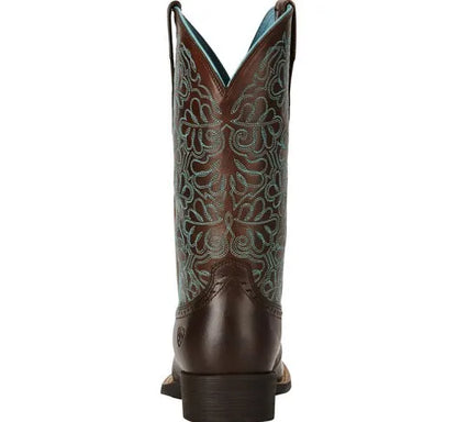 Women's PU Leather Floral Embroidered Side-Zip Mid-Calf Round Toe Block Heel Cowgirl Boots - CB015