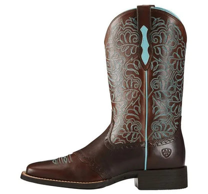 Women's PU Leather Floral Embroidered Side-Zip Mid-Calf Round Toe Block Heel Cowgirl Boots - CB015